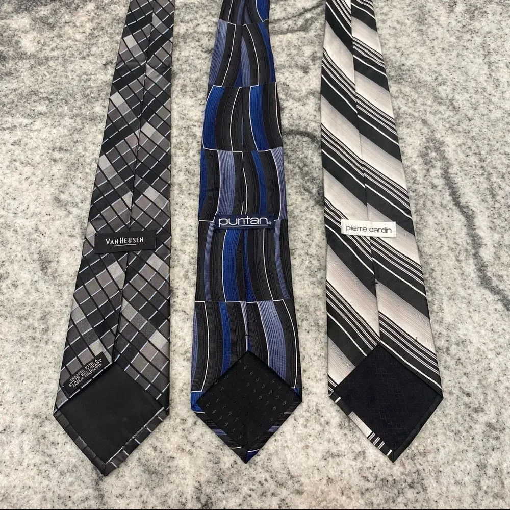 Set of 3 Black & Blue Patterned Dress Ties Van Heusen / Puritan / Pierre Cardin